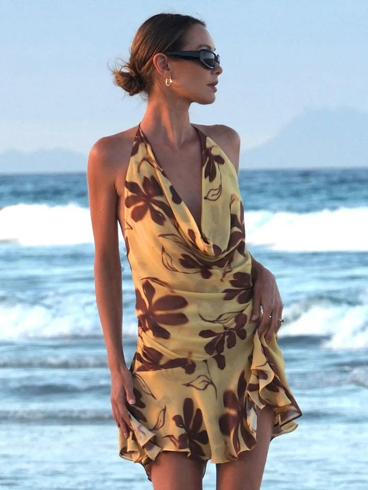 Contrast Print Lace-Up V Neck Mini Dress