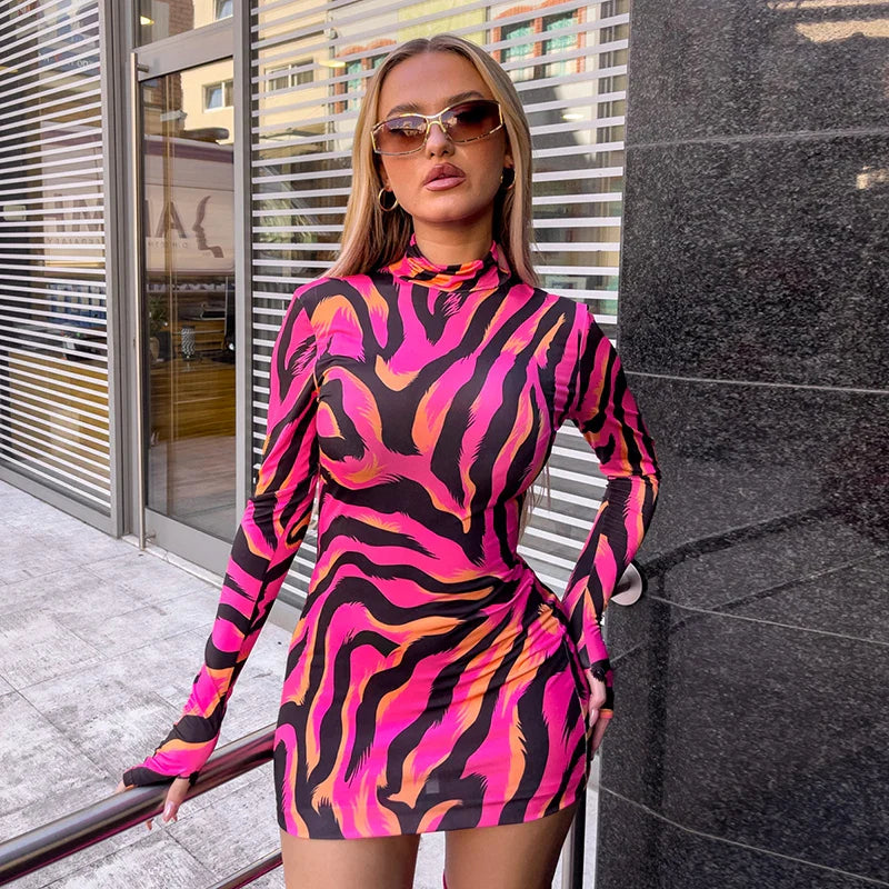 Zebra Print Long Sleeve Wrap Mini Dress