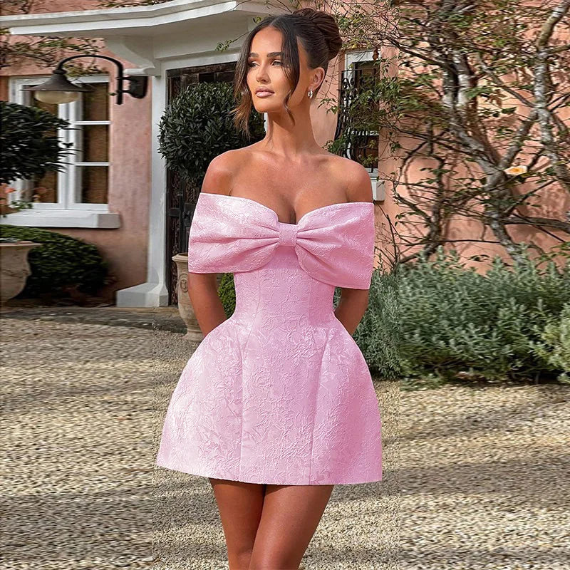 Jacquard Bow Strapless Backless Mini Dress