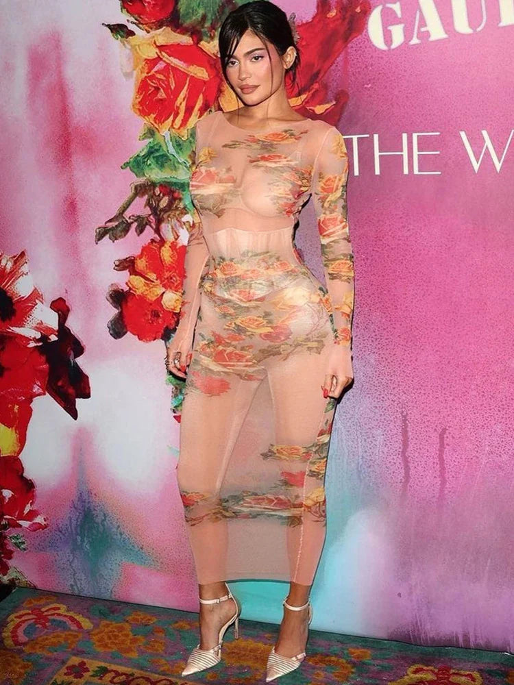 Floral Mesh See Through Maxi Dress