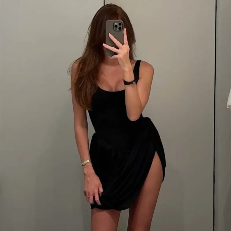 Patchwork Slit Vest High Waist Mini Dress