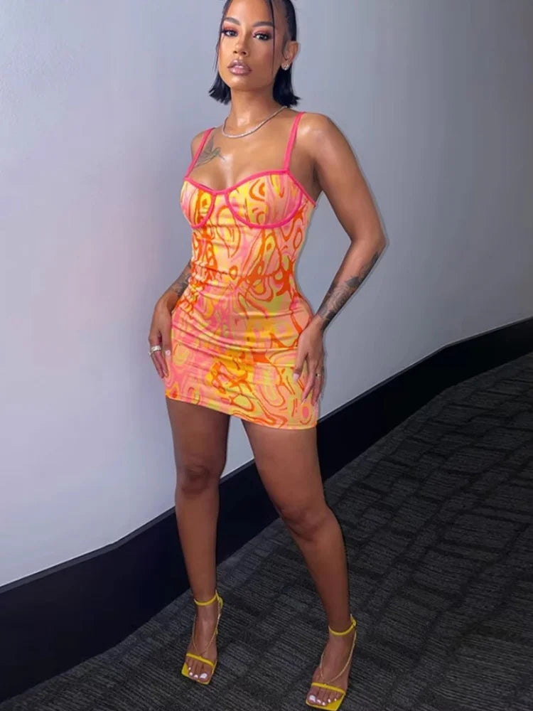 Print Strap Bodycon Slim Fit Mini Dress
