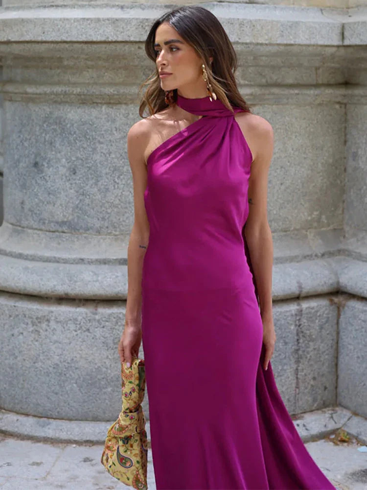 Satin Scarf Collar Halter Maxi Dress