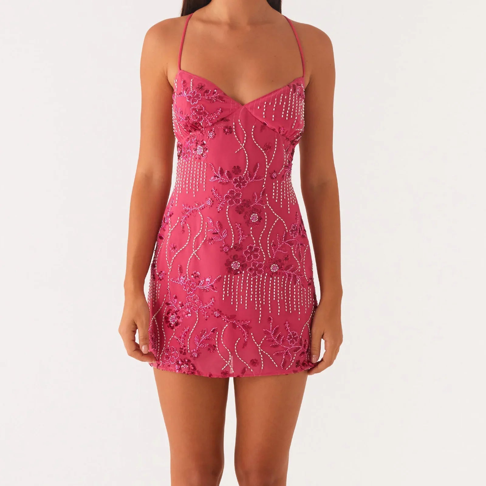 Sequin Beaded V Neck Backless Mini Dress