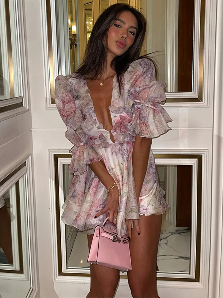 Patchwork Floral Mesh V Neck Mini Dress