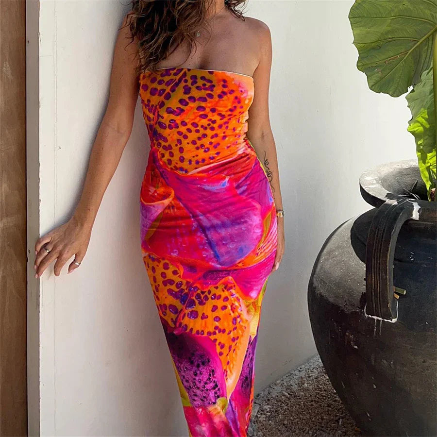 Leopard Print Strapless Maxi Dress