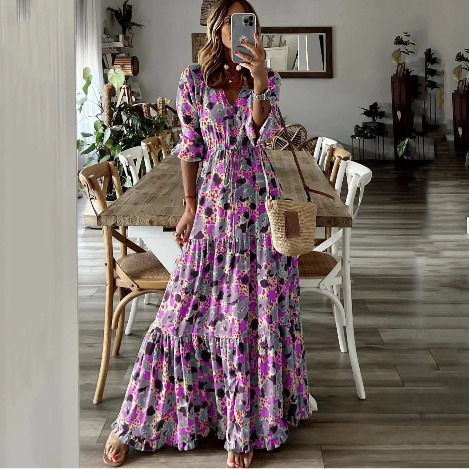 Printed Lace Up Swing Maxi Dress
