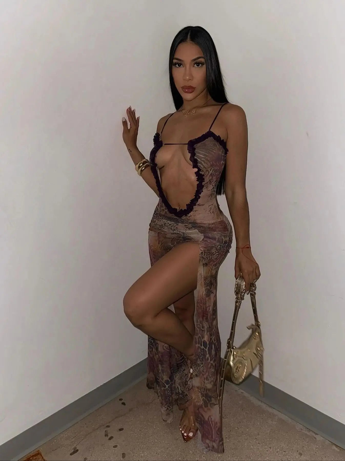 Sheer Mesh Lace-up Black Maxi Dress