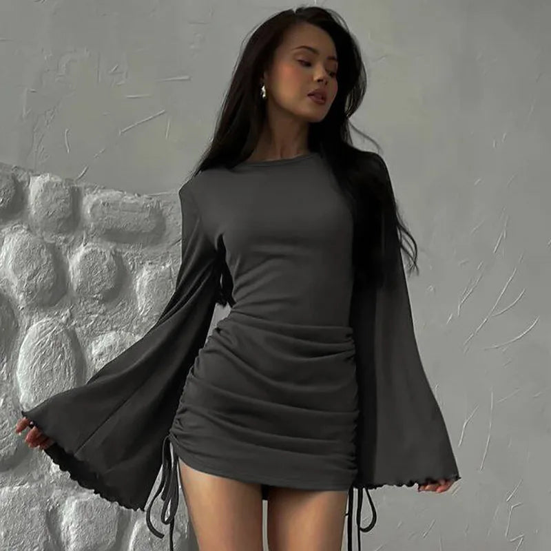 Flare Sleeve Drawstring Solid Mini Dress