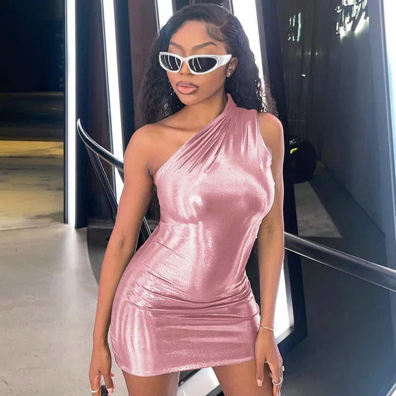 Metallic One Shoulder Irregular Mini Dress