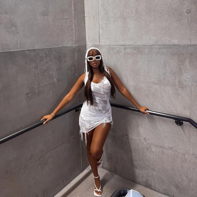 Tassel Hooded Slim Solid Mini Dress