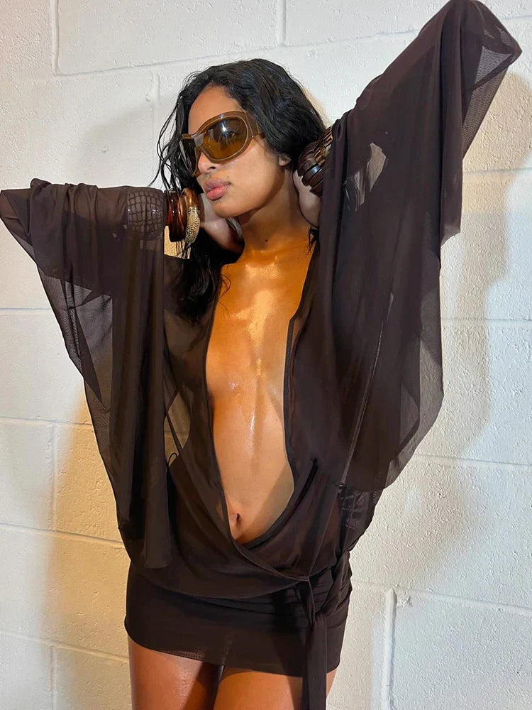 Mesh Irregular Bandage Low Neck Mini Dress