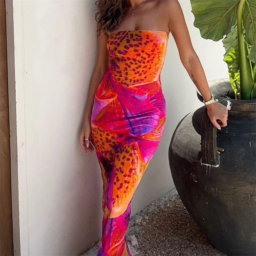 Leopard Print Strapless Maxi Dress