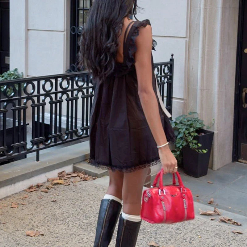 Ribbon Bow Lace Trim A-Line Mini Dress