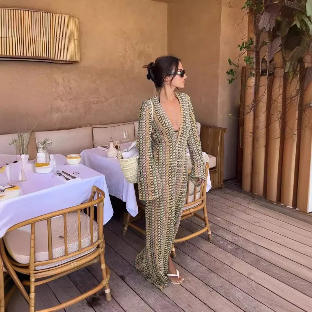 Crochet Stripe Flare Sleeve Maxi Dress