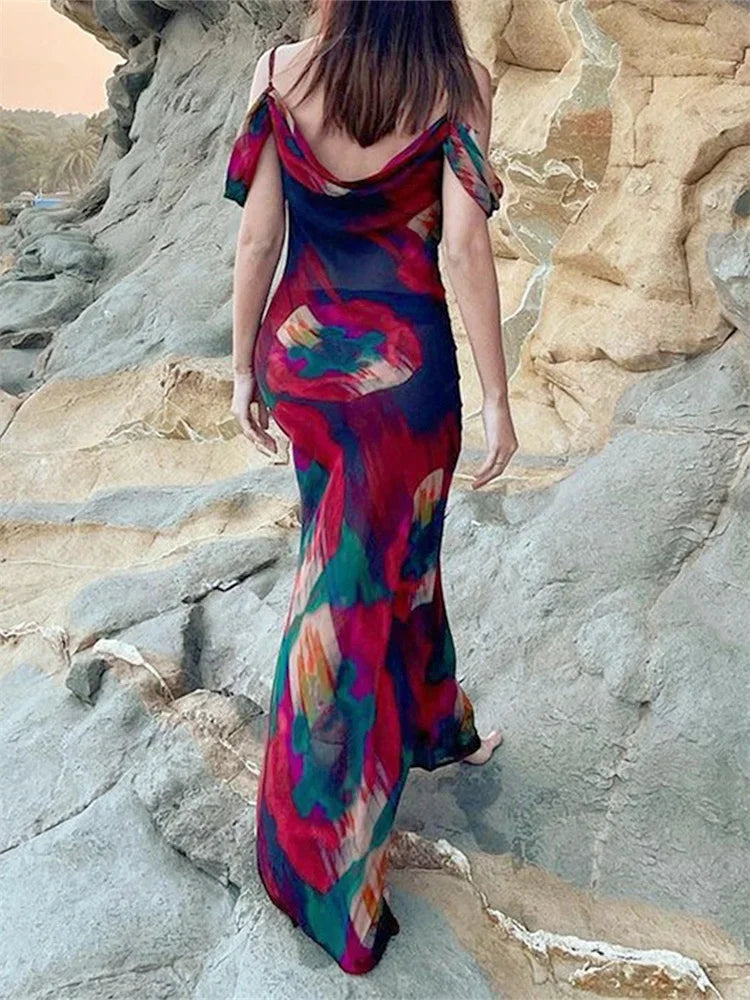 Print Mesh Pleated Off Shoulder Maxi Dress