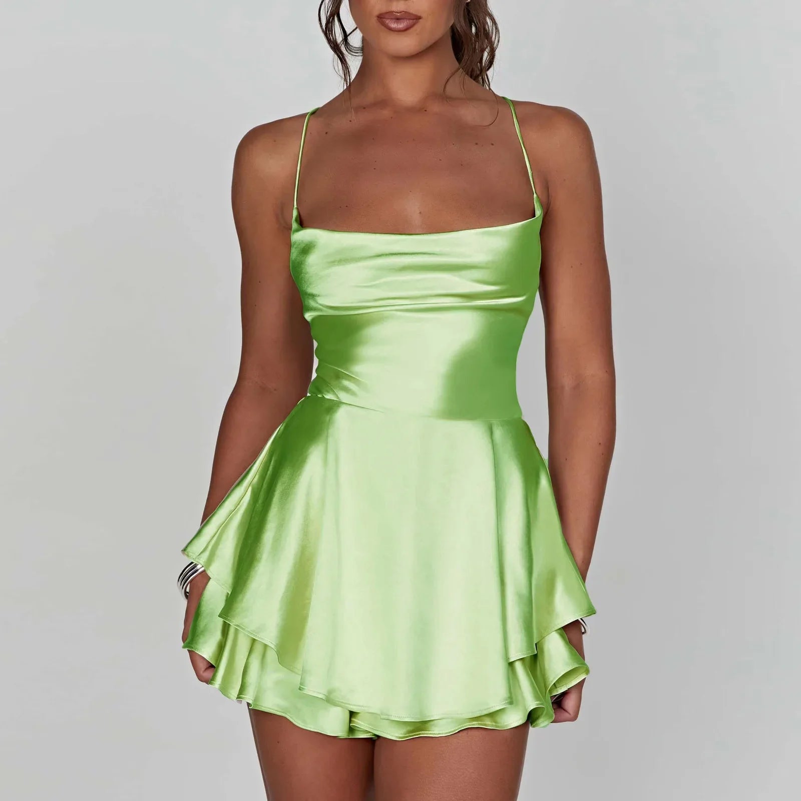Satin Cowl Neck Tie Back Romper Mini Dress