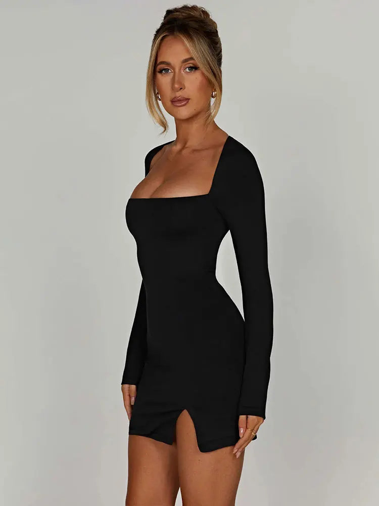 Lace Up Split Backless Long Sleeve Mini Dress