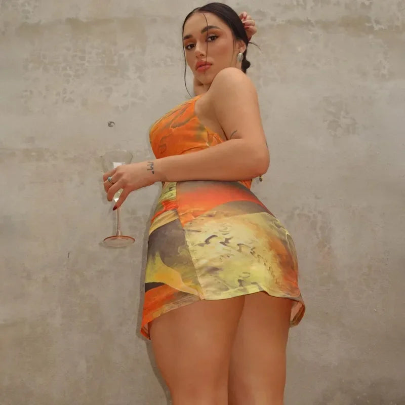 Tie Dye Halter Cut Out Ruffle Mini Dress