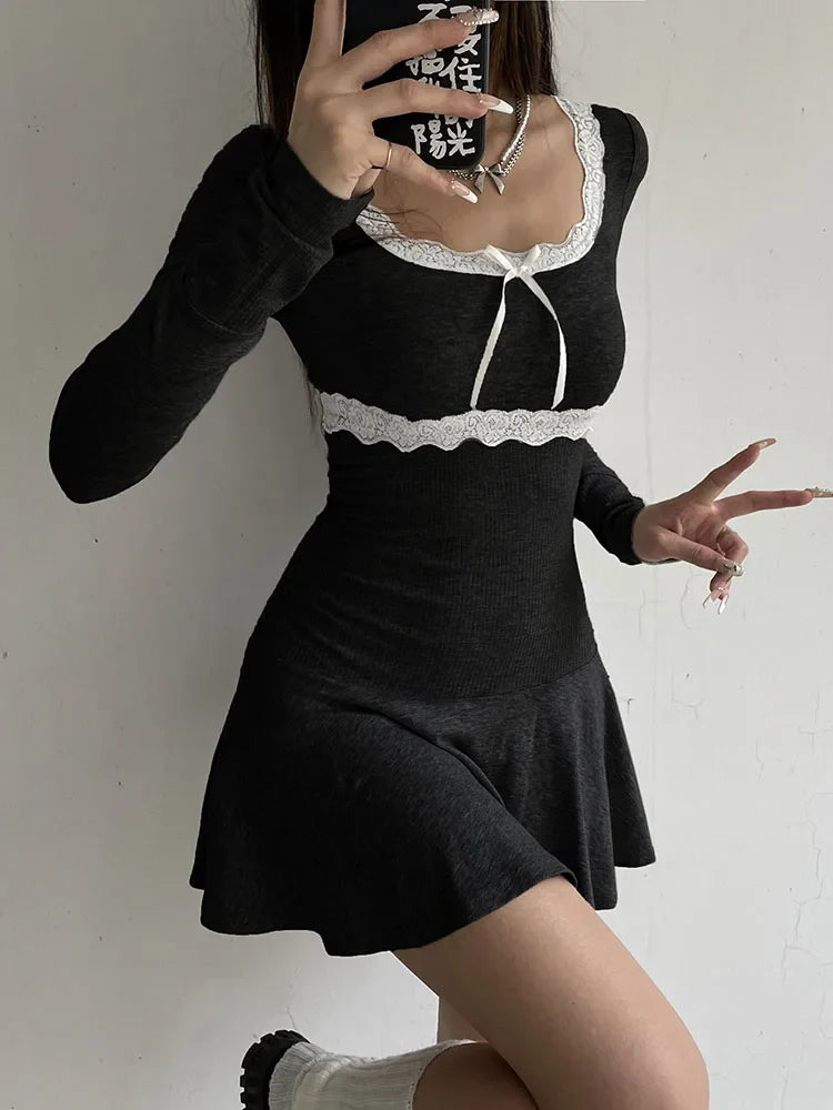 Patchwork Lace Square Neck Mini Dress