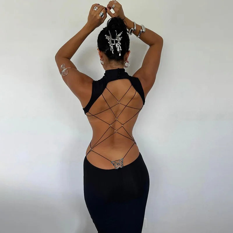Butterfly Bandage Backless Maxi Dress