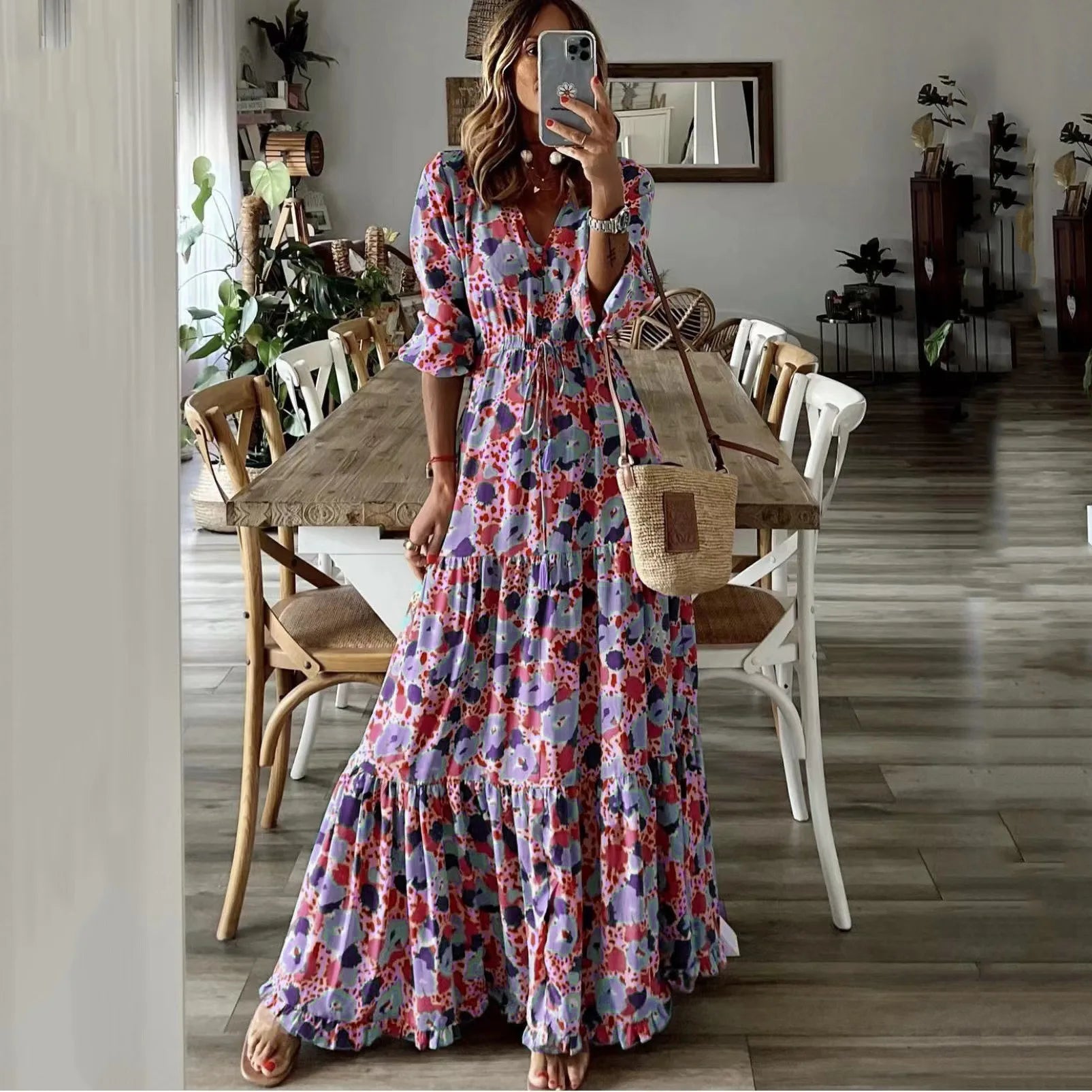 Printed Lace Up Swing Maxi Dress