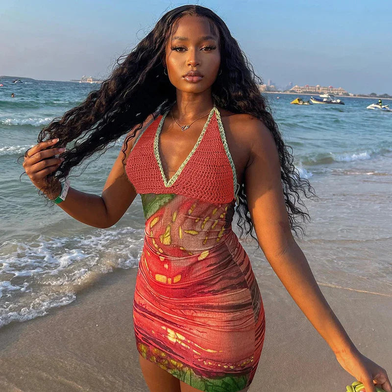 Knit Halter Print Lace Up Backless Mini Dress