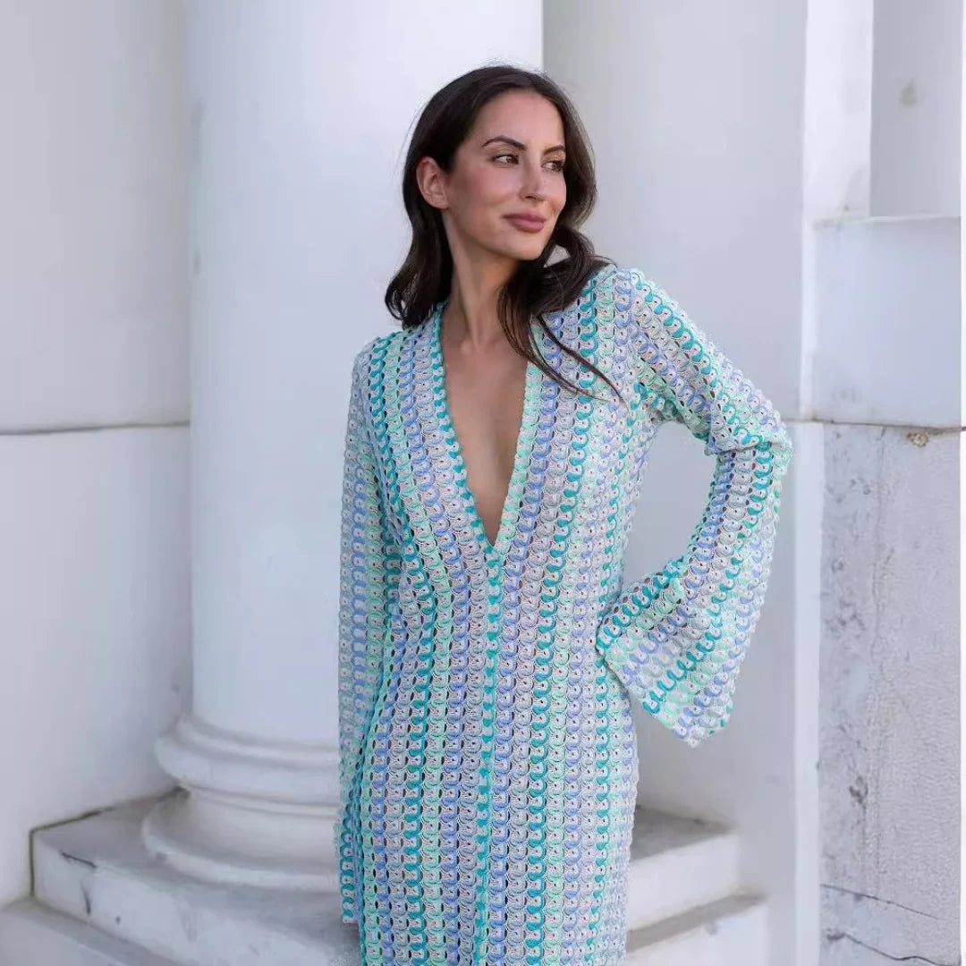 Crochet Stripe Flare Sleeve Maxi Dress