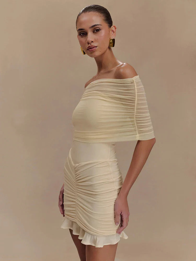 Strapless Mesh Ruffled Backless Mini Dress