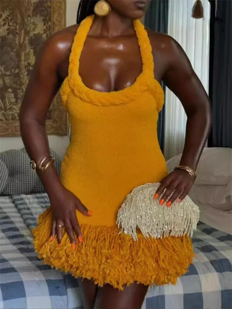 Fluff Patchwork Bandage Halter Mini Dress