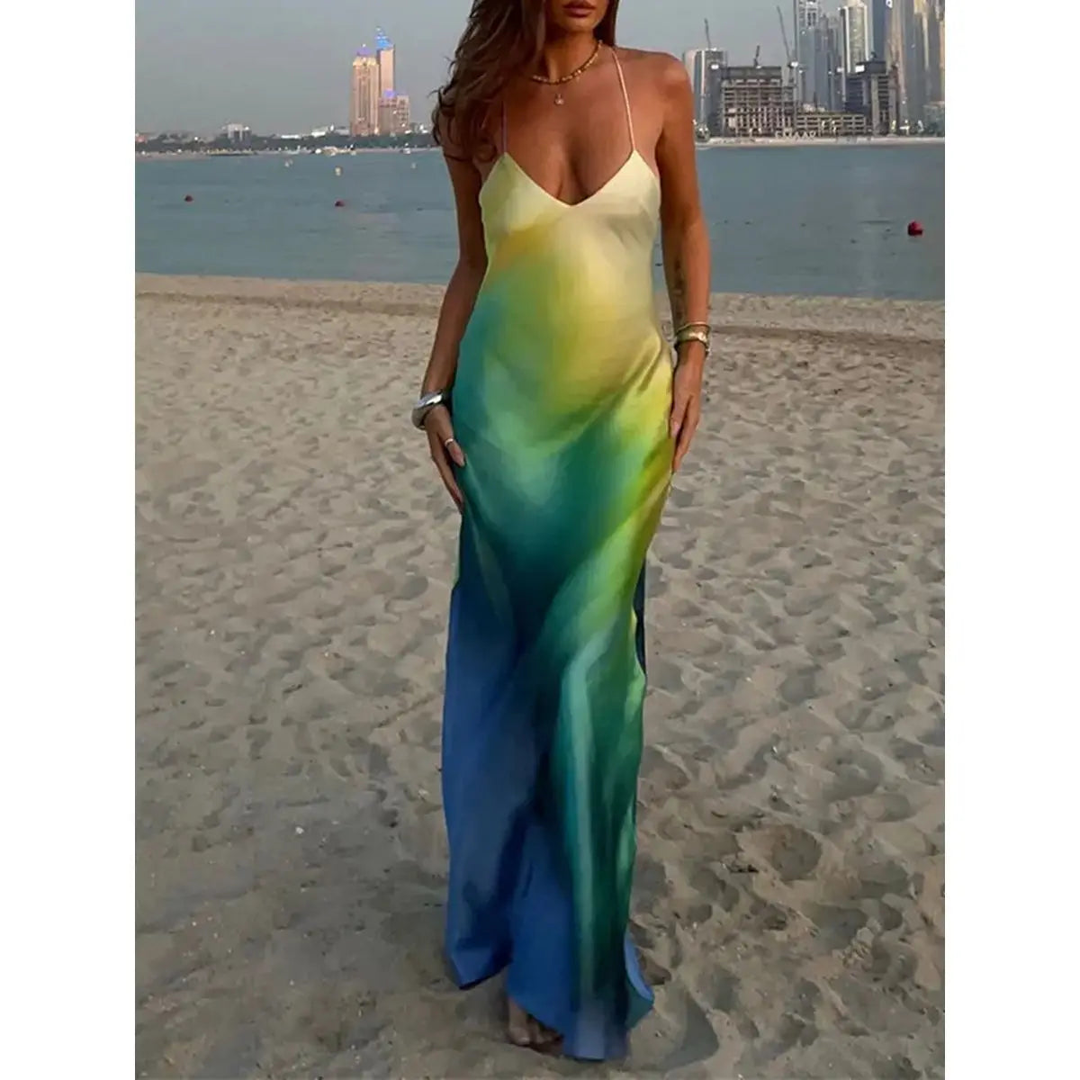 Gradient Cami V-neck Backless Maxi Dress