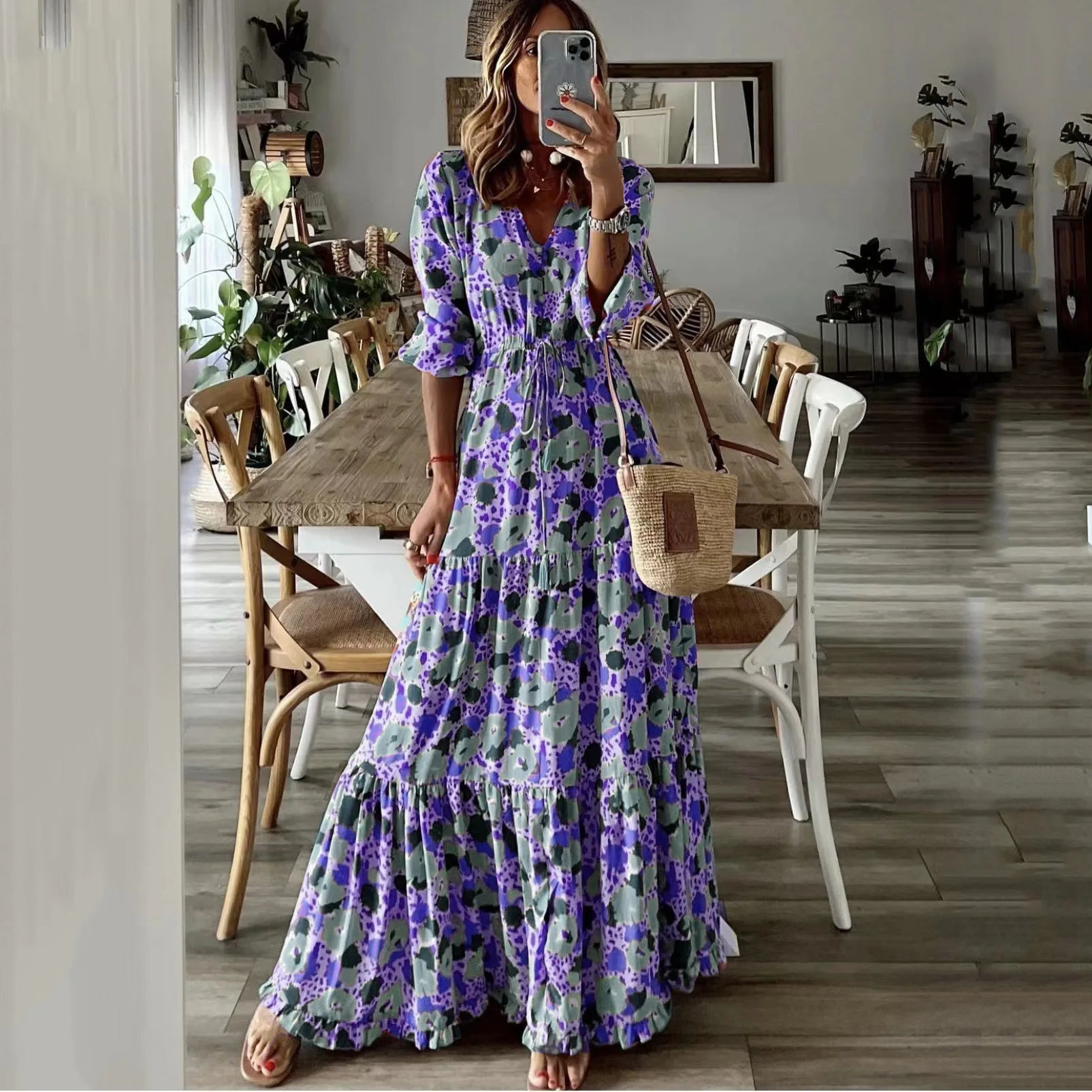 Printed Lace Up Swing Maxi Dress