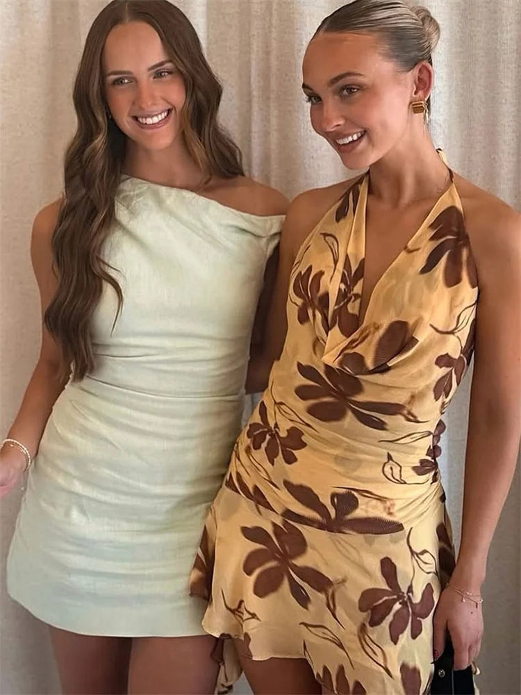 Contrast Print Lace-Up V Neck Mini Dress