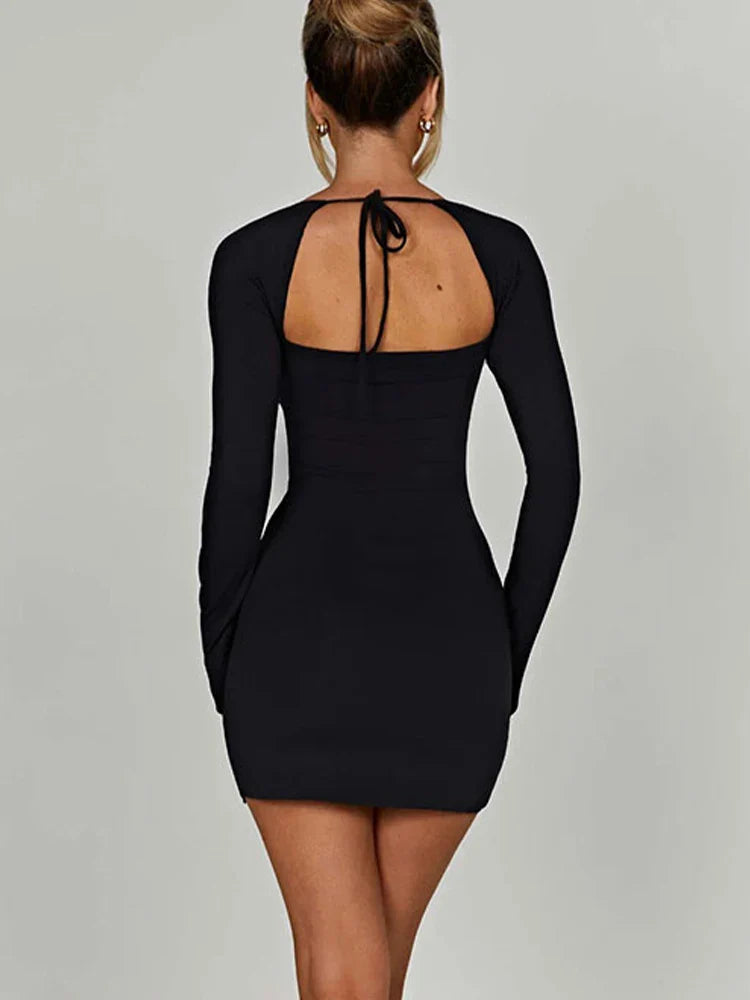 Lace Up Split Backless Long Sleeve Mini Dress