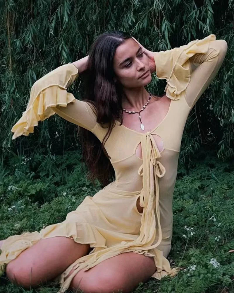 Ruffled Slit V-neck Maxi Dress