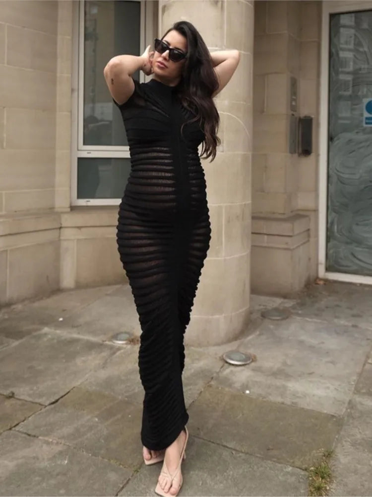 2024 Elegant Striped Solid Sleeve Knit Elastic Maxi Dress