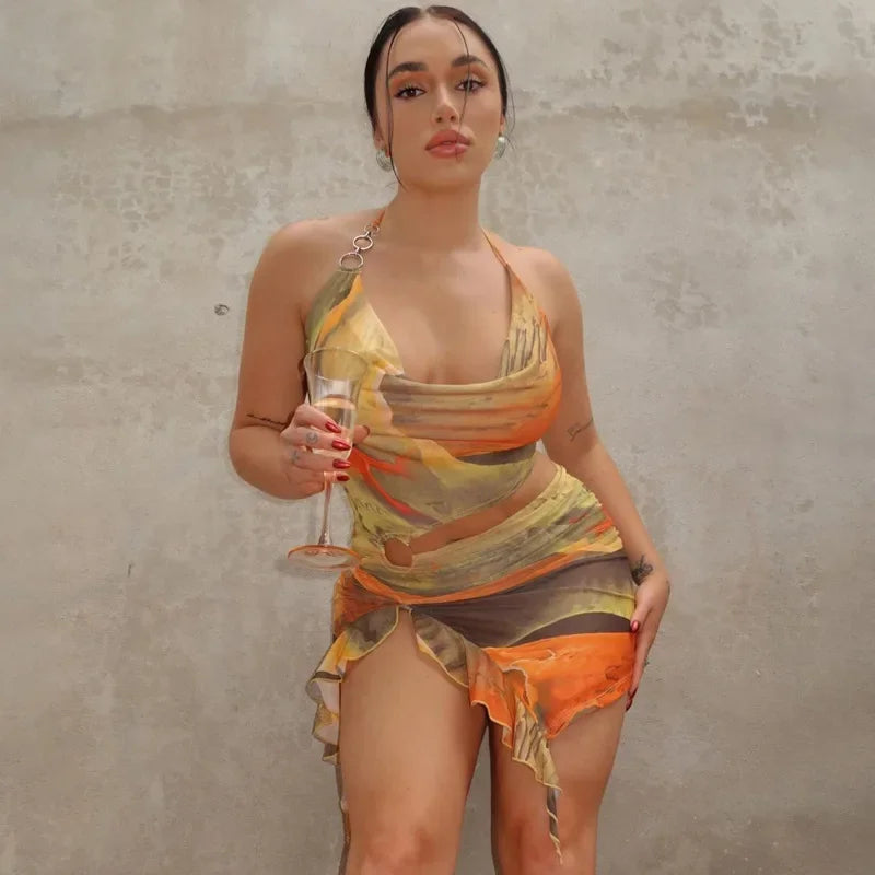 Tie Dye Halter Cut Out Ruffle Mini Dress