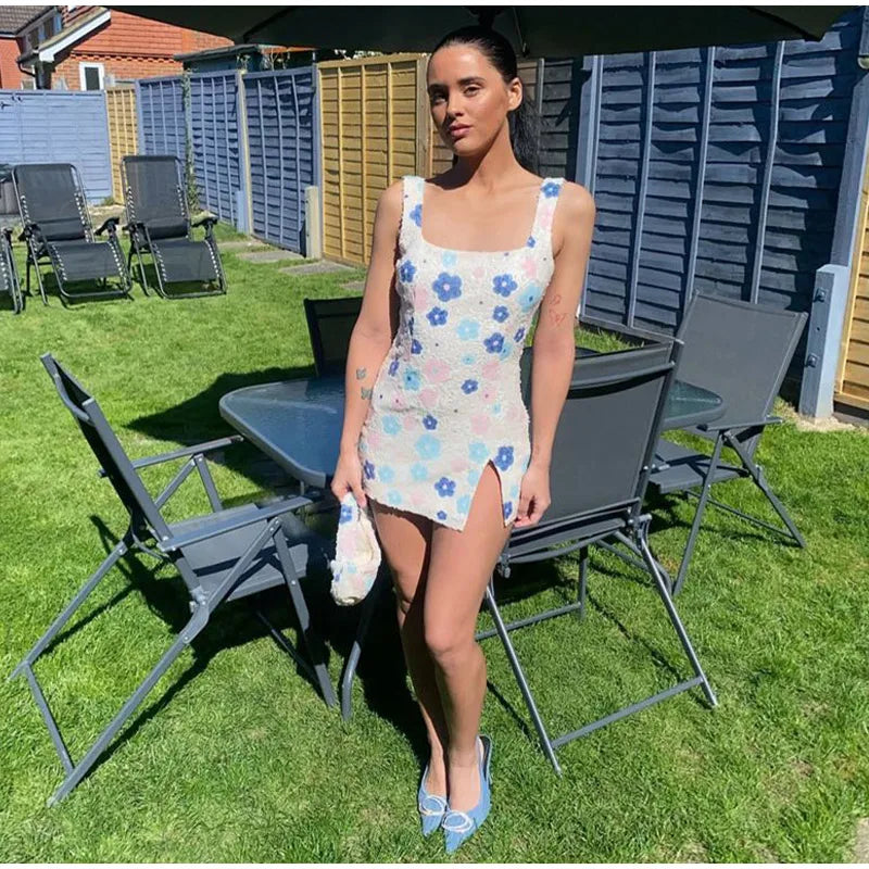 Sequined Square Collar Sling Mini Dress