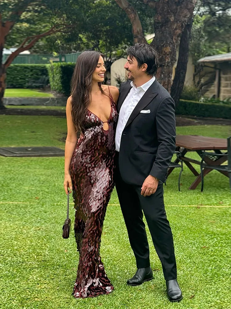 Sequined Hollow Slip Maxi Dress