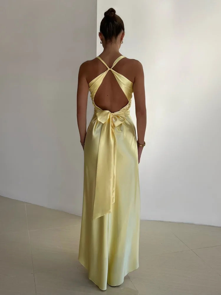 Satin Ruched Backless Maxi Dress