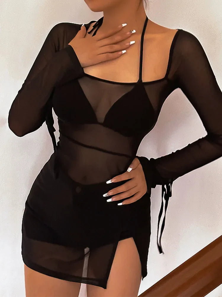 Square Neck Gauze Sheer Club Mini Dress