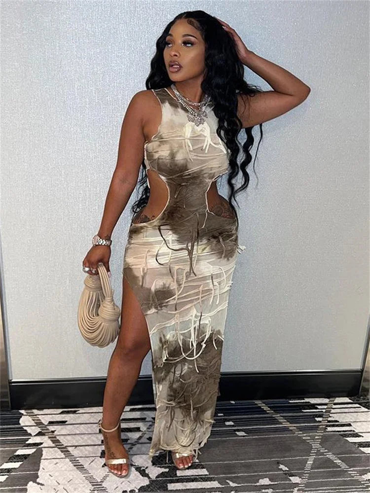 2024 Tie Dye Tassels Sleeveless Maxi Dress Cut Out Bodycon Dresses