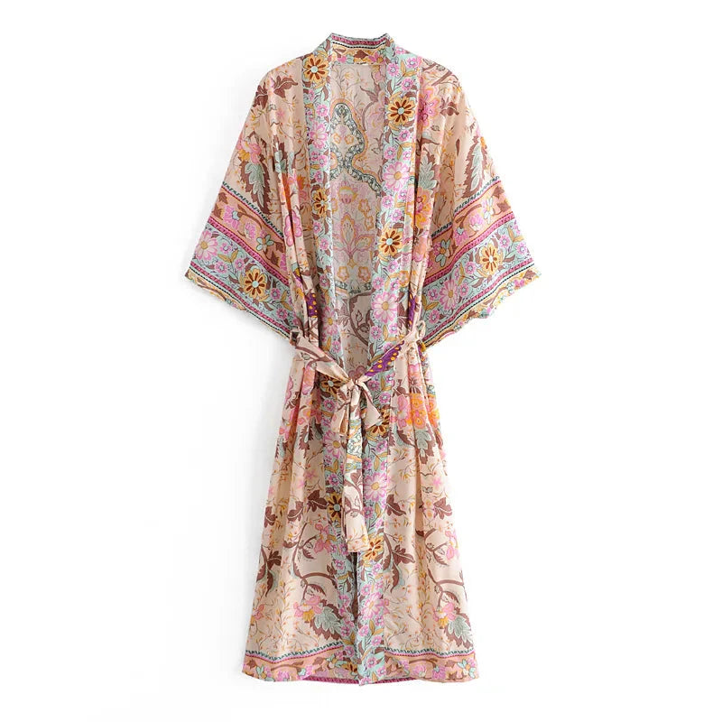 Long Boho Kaftan Rayon Floral Print Bikini Cover Up
