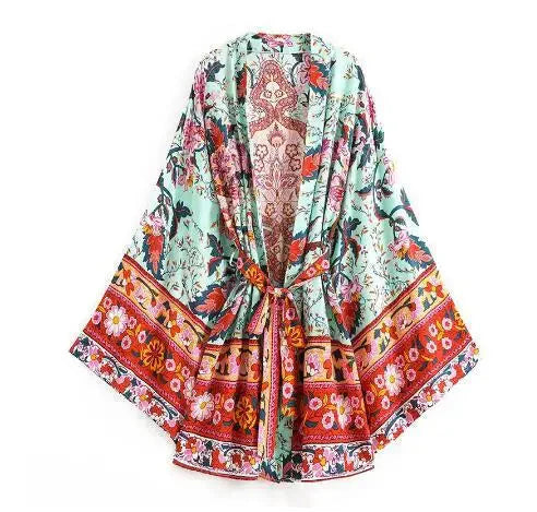 Long Boho Kaftan Rayon Floral Print Bikini Cover Up