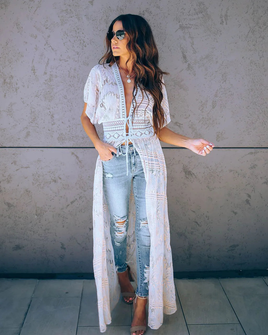 Sexy Deep V-neck White Lace Boho Kimono Bikini Cover up - Fashionpara