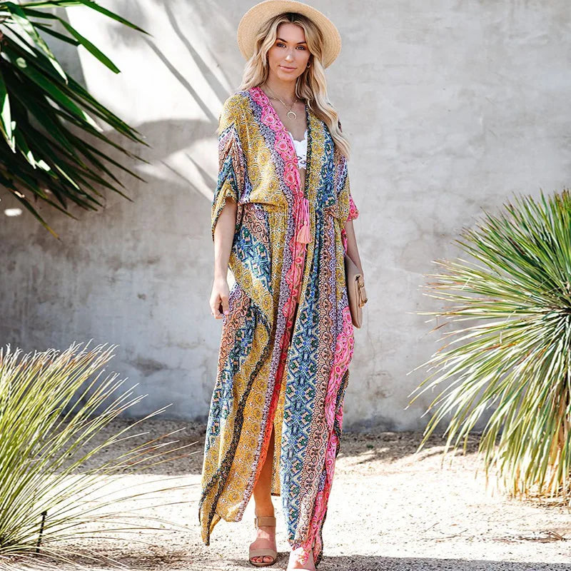 Tassel Lace-up Kimono Cotton Printed Bikini Cover up - Fashionpara