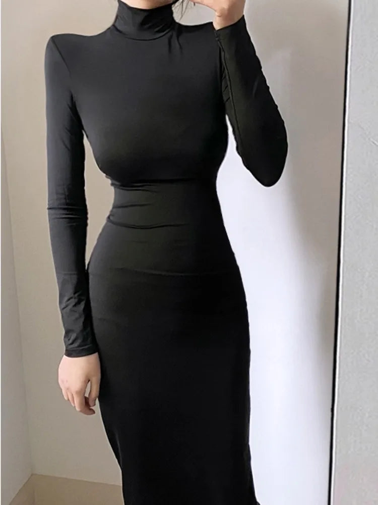 2024 Korean Women Slim Stand Collar Black Maxi Dress