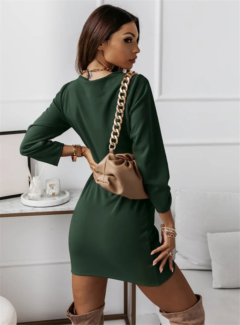 Solid Color Dresses V-Neck Long Sleeve Slim Mini Dress