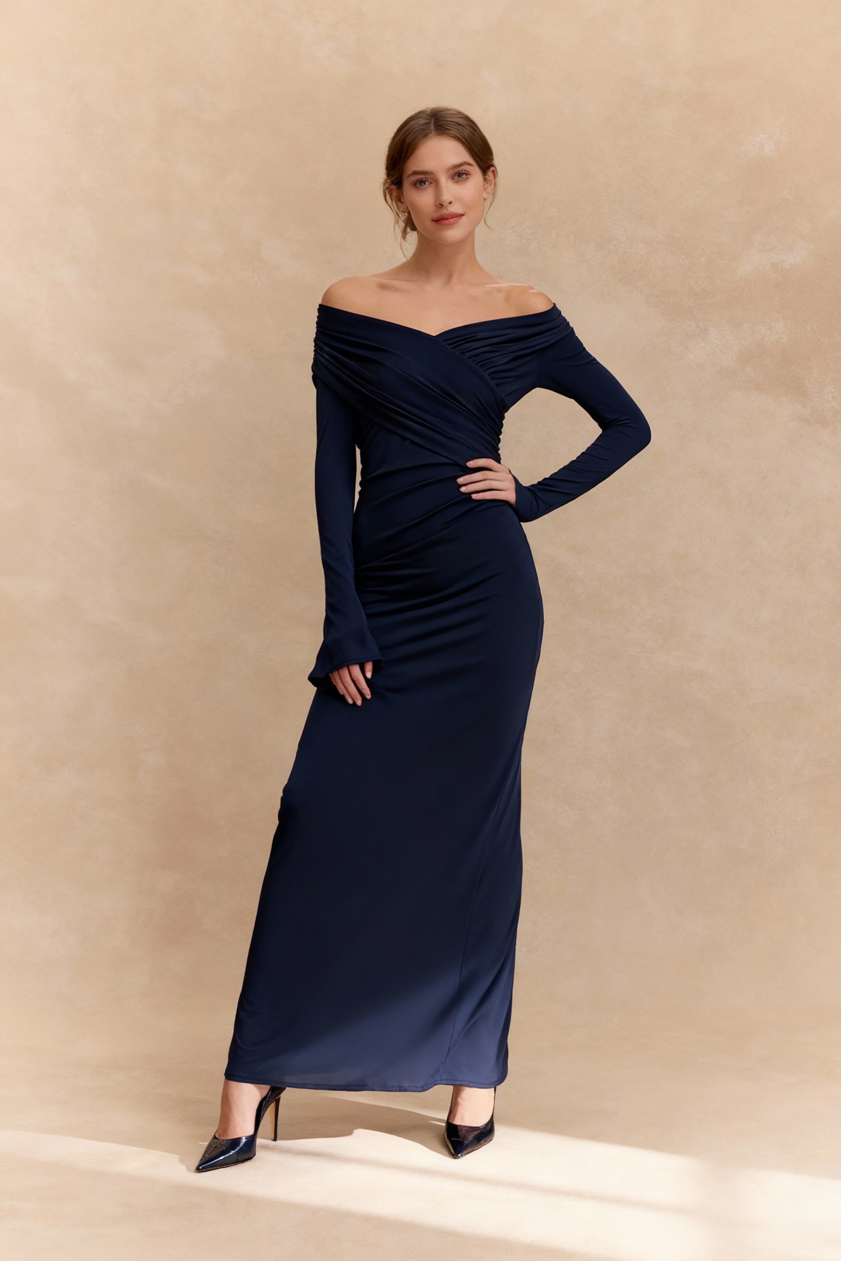 V Neck Long Sleeve Ruched High Waist Maxi Dress