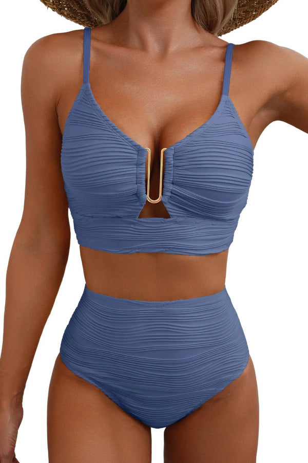 Solid Color V-neck Hollowed-out Pleated High Waist Stretch Two-Piece Bikini Swimsuit